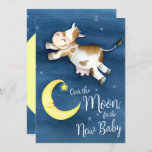 Over the moon cow jump baby shower invitation<br><div class="desc">Over the moon cow jump baby shower invitations. Cute whimsical cow jumping over the moon watercolor art painting in shades of white, brown, yellow and dark black blue. Personalize with your own baby showering event details. Ideal for a neutral unisex, nursery rhymes or a surprise themed baby shower. Other matching...</div>