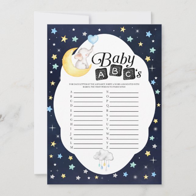 Over The Moon Elephant Baby ABC's Game Invitation (Front)