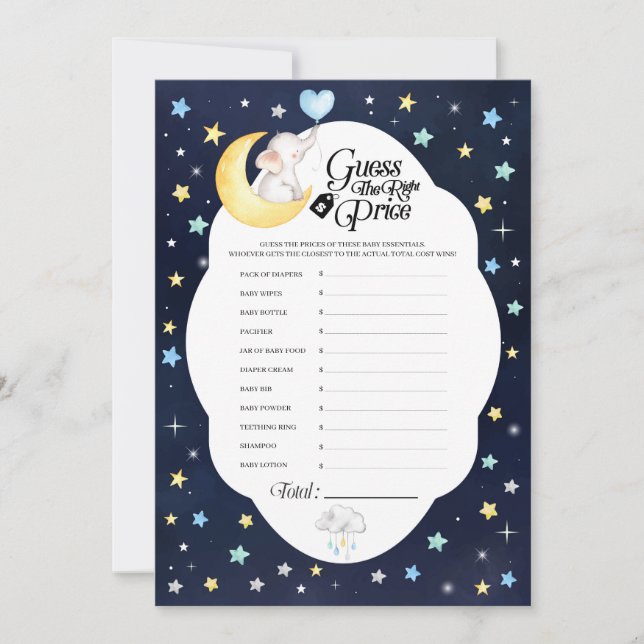 Over The Moon Elephant Baby Shower Price Game Invitation (Front)