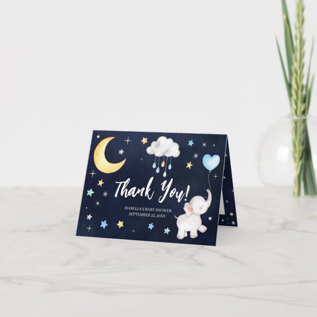 Over The Moon Elephant Baby Shower Thank You Card (Front)