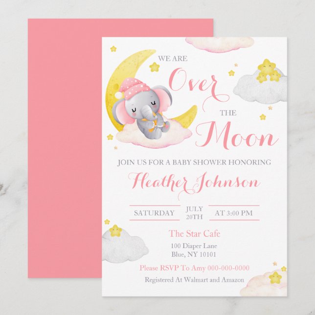 Over The Moon Elephant Girl Baby Shower Invitation (Front/Back)