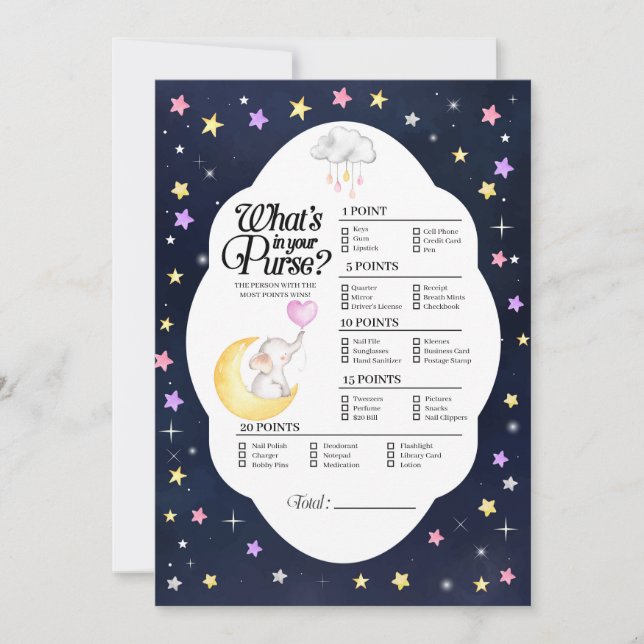 Over The Moon Elephant What's In Your Purse Game Invitation (Front)