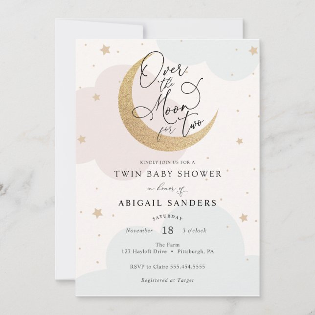 Over the Moon for Two Twin Baby Shower Invitation (Front)