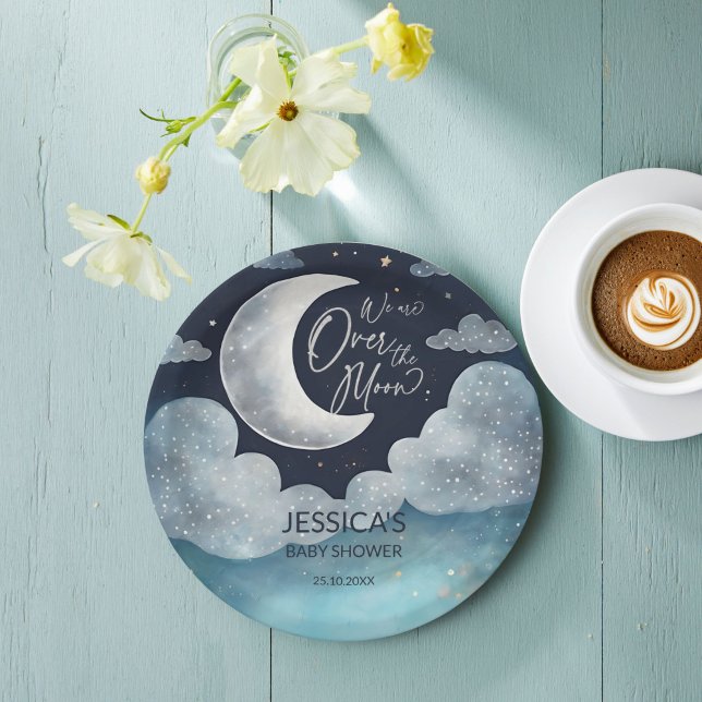 Over the moon galaxy baby shower monogrammed paper plate (Over the moon galaxy baby shower monogrammed paper plates personalized table decor)