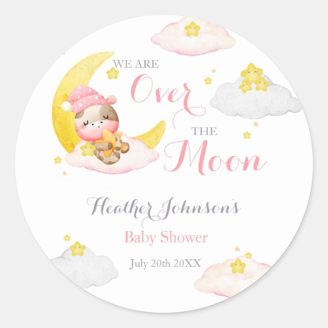 Over The Moon Girl Cow Baby Shower Classic Round Sticker (Front)