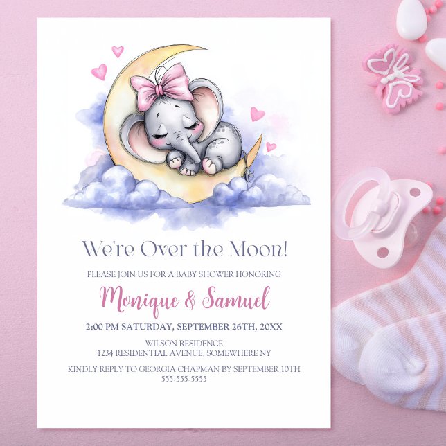 Over the Moon Girl Elephant Baby Shower Invitation (Creator Uploaded)