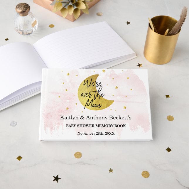 Over The Moon | Girls Baby Shower Memory Guest Book (Front Open)