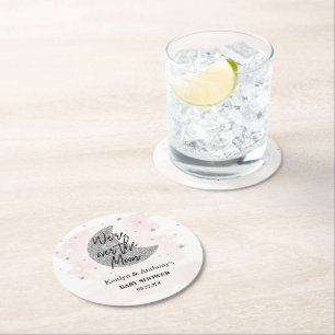 Over The Moon Girls Baby Shower Round Paper Coaster