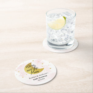 Over The Moon   Girls Baby Shower Round Paper Coaster