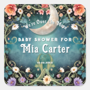 Over the Moon Girly Pink Floral Girl Baby Shower Square Sticker
