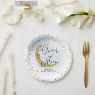 Over the Moon, Gold Glitter Blue Baby Shower Paper Plate