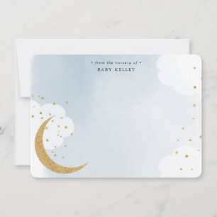Over the Moon Gold Glitter, Blue Personalized Flat Card
