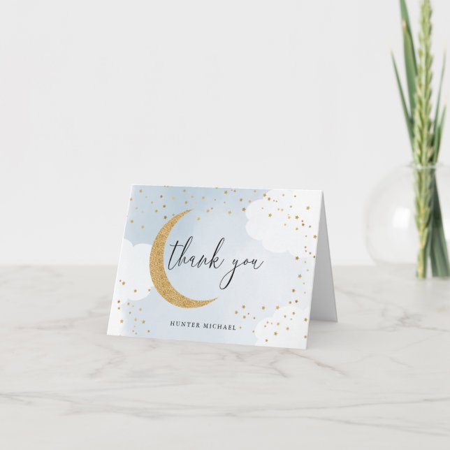 Over the Moon Gold Glitter, Blue Personalized Note Card (Front)