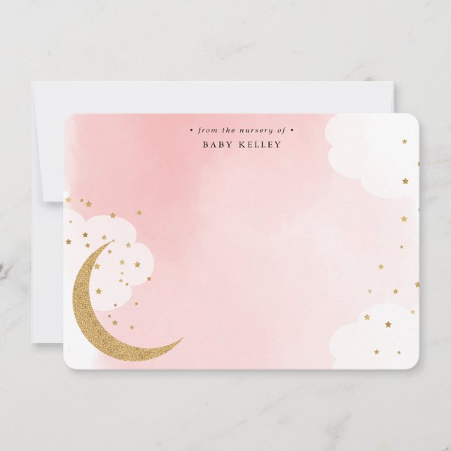 Over the Moon Gold Glitter, Pink Personalized Flat Card (Front)
