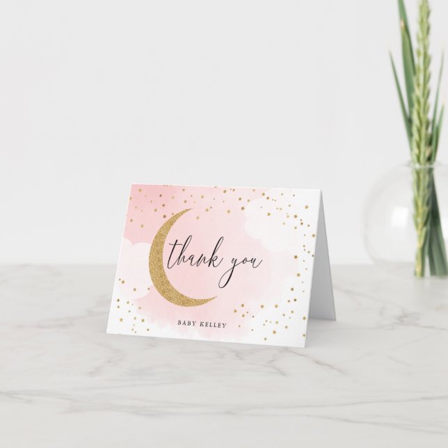 Over the Moon Gold Glitter, Pink Personalized Note Card (Front)