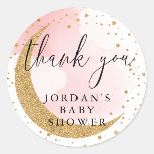 Over the Moon, Gold Glitter Pink Thank You Favour Classic Round Sticker