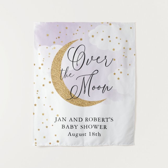 Over the Moon, Gold Glitter Purple Baby Shower Tapestry (Front)