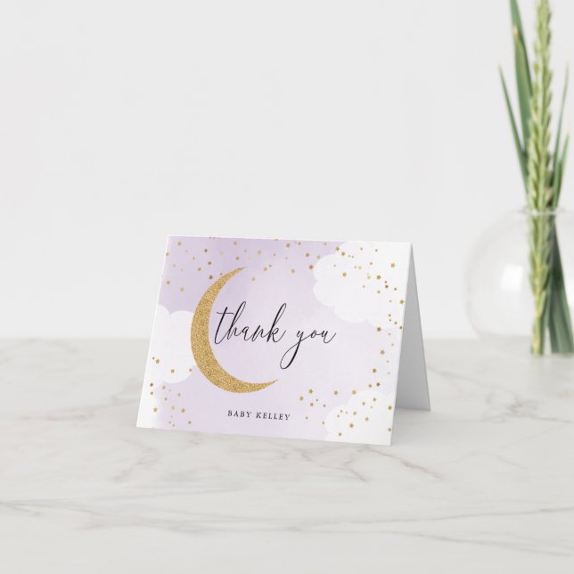 Over the Moon Gold Glitter, Purple Personalized Note Card (Front)