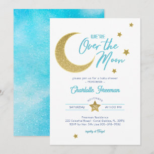 Over the Moon Gold Moon Stars Baby Shower Invite