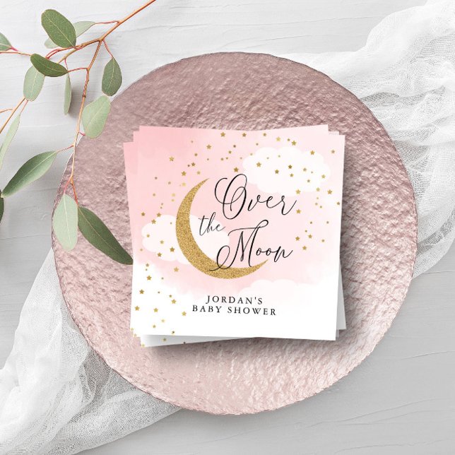 Over the Moon Gold & Pink Baby Shower Personalized Napkin (Creator Uploaded)