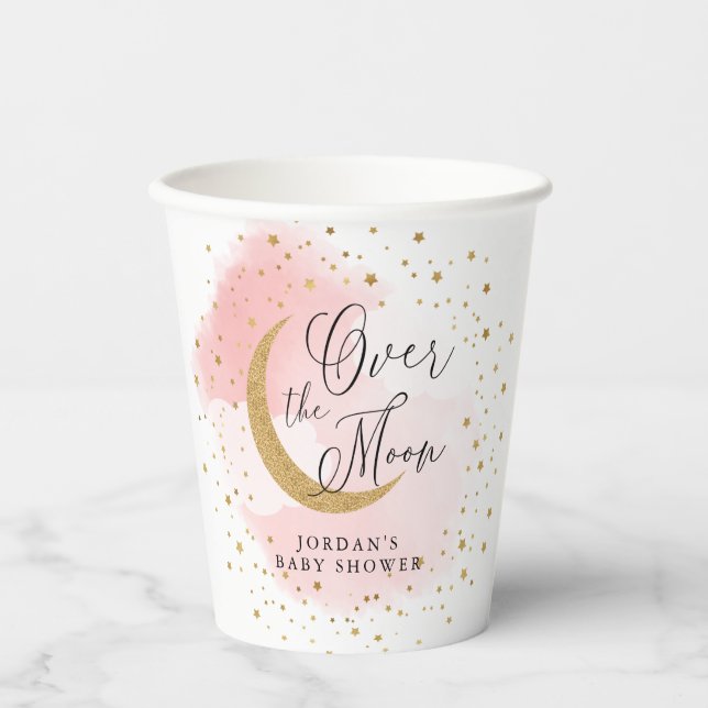 Over the Moon Gold & Pink Baby Shower Personalized Paper Cups (Front)