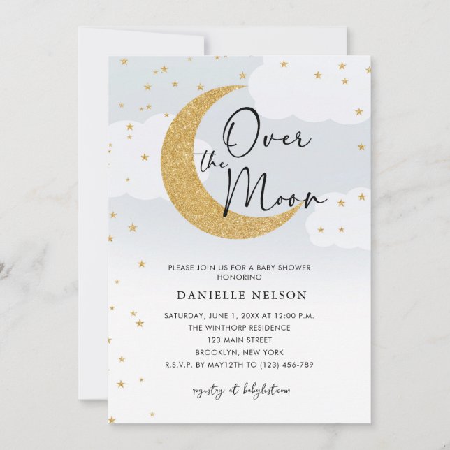 Over the Moon Gold Stars Baby Shower Blue Invitation (Front)