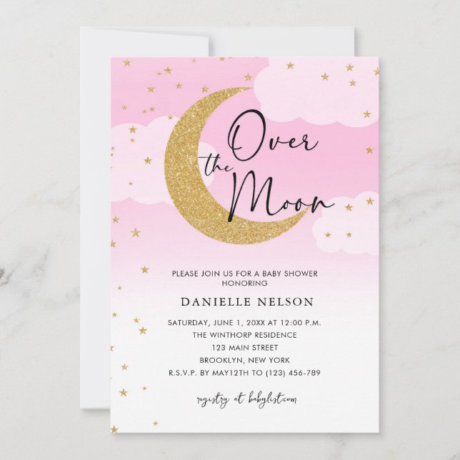 Over the Moon Gold Stars Baby Shower Pink Invitation (Front)