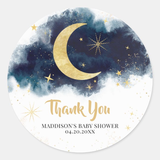 Over the Moon Gold Stars Blue Baby Shower Classic Round Sticker (Front)