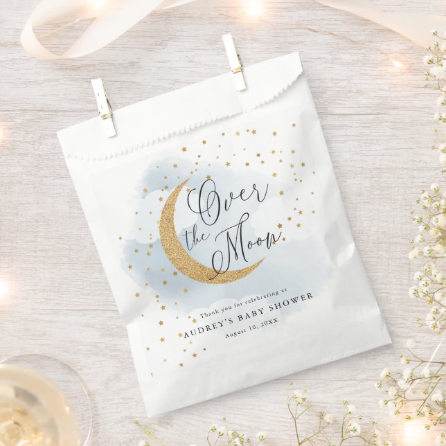 Over the Moon Gold Stars Blue Baby Shower Favour Bag (Clipped)