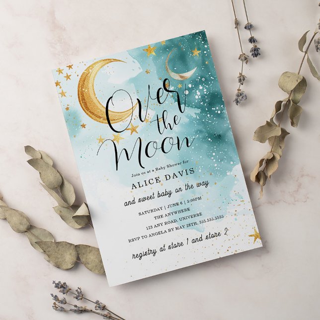 Over the Moon Gold Stars Blue Baby Shower Invitation (Creator Uploaded)