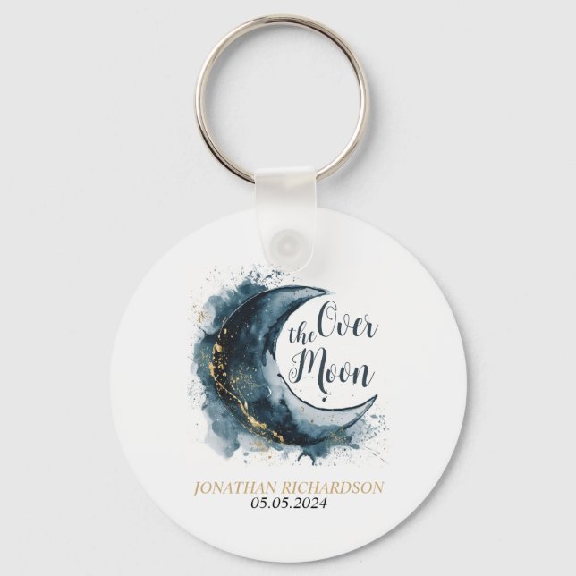 Over the Moon Gold Stars Blue Baby Shower Keychain (Front)