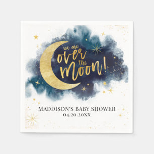 Over the Moon Gold Stars Blue Baby Shower Napkin