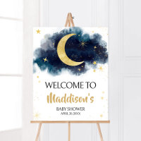 Over the Moon Gold Stars Blue Welcome