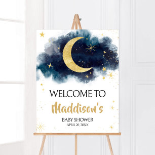 Over the Moon Gold Stars Blue Welcome Poster