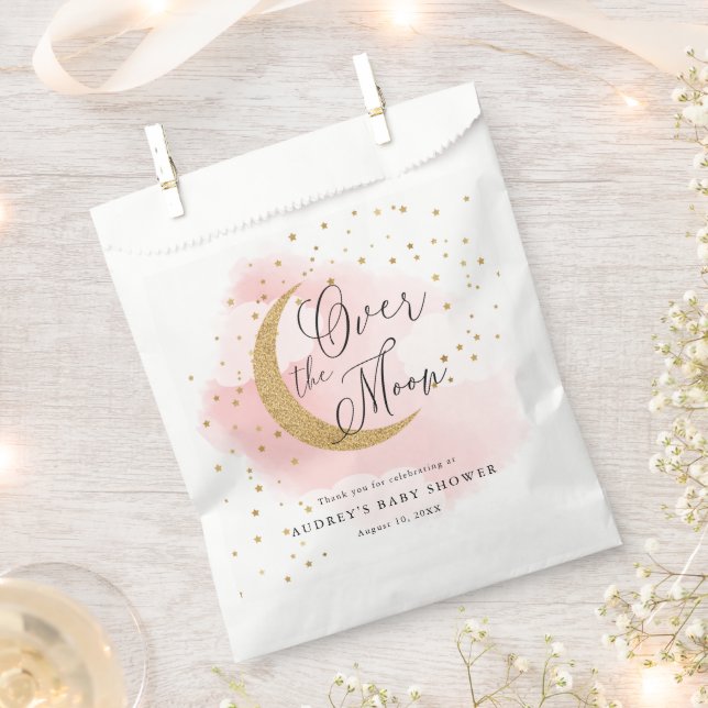 Over the Moon Gold Stars Pink Baby Shower Favour Bag (Clipped)