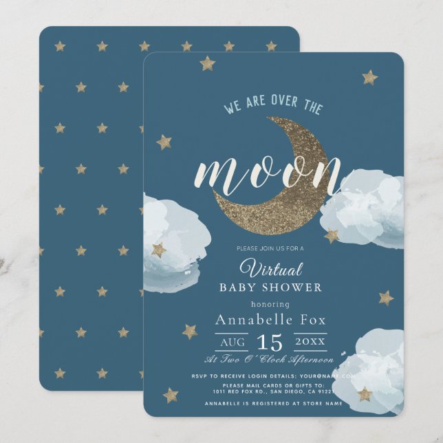 Over the Moon Midnight Blue Virtual Baby Shower Invitation (Front/Back)