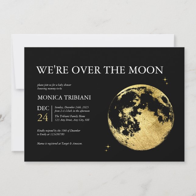 Over the Moon Minimalist Dreamy Gold Baby Shower Invitation (Front)