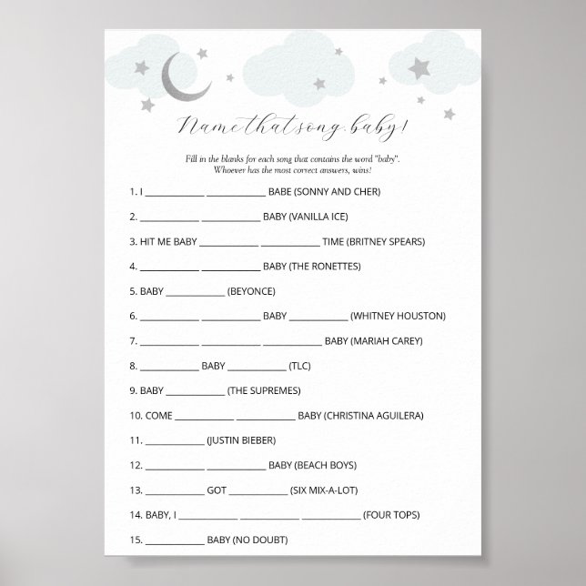 Over the Moon Name that Song Baby Shower Game  Poster (Front)