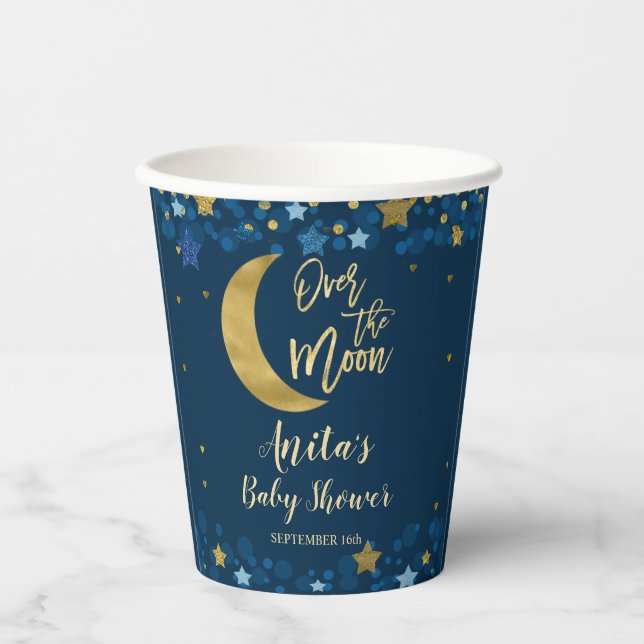 Over The Moon Navy Baby Shower Gold Glitter Paper Cups (Front)
