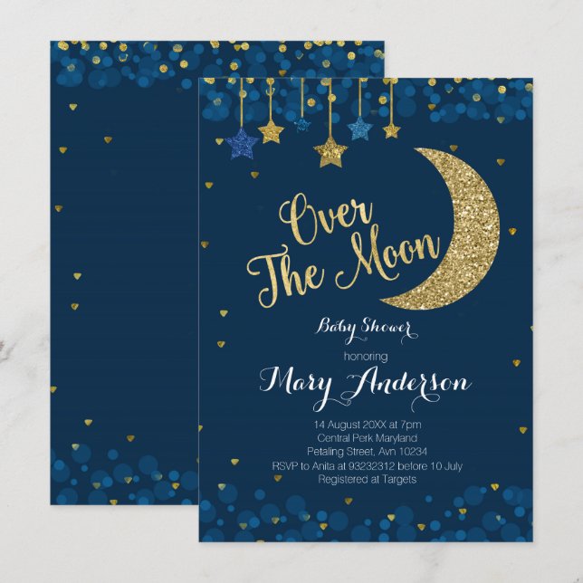Over The Moon Navy Baby Shower Invitation (Front/Back)