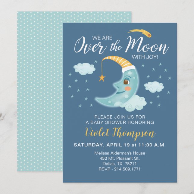 Over the Moon Navy Blue Boy Baby Shower Invitation (Front/Back)