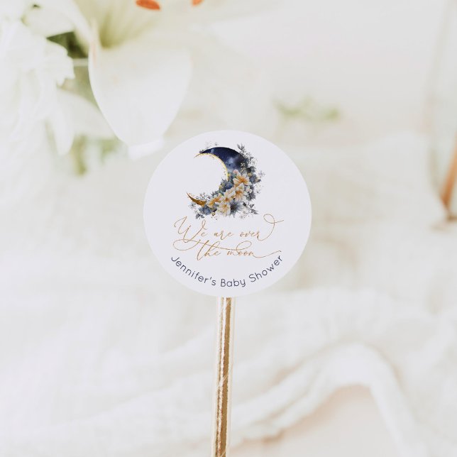 Over the moon navy gold foil baby shower classic round sticker (Creator Uploaded)