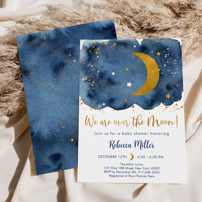 Over the Moon Navy Gold Galaxy Baby Shower Invitation (Creator Uploaded)