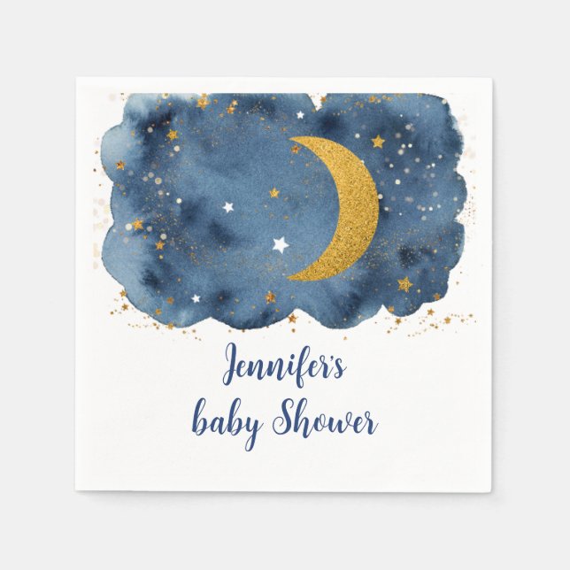 Over the Moon Navy Gold Galaxy Baby Shower Napkin (Front)