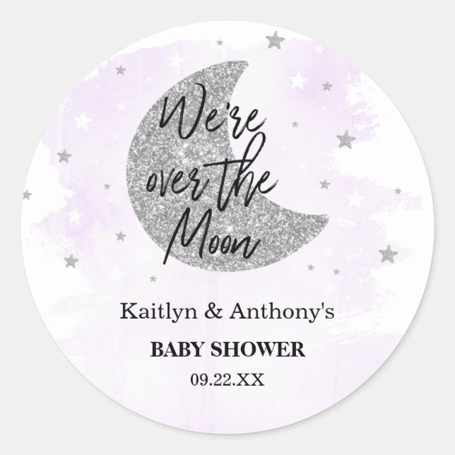 Over The Moon | Neutral Baby Shower Classic Round Sticker (Front)