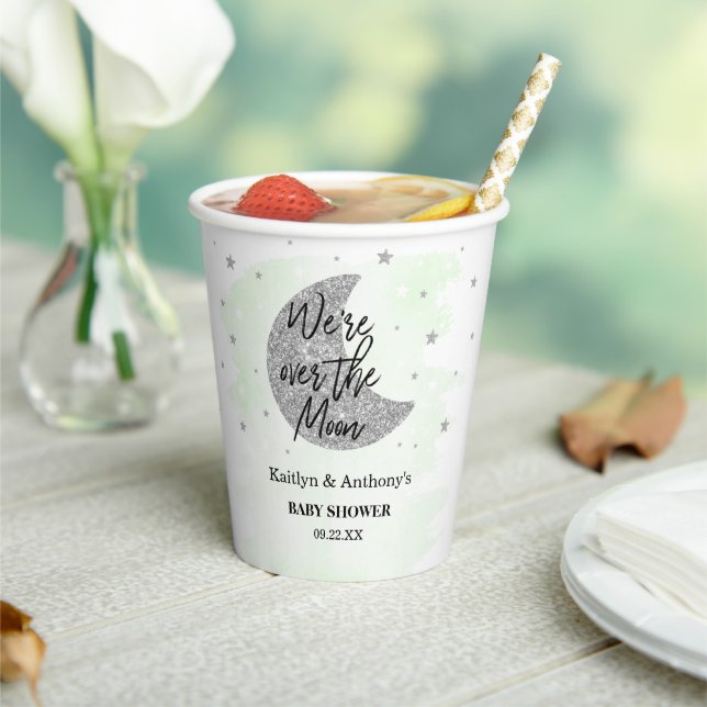 Over The Moon | Neutral Baby Shower Paper Cups (Insitu)