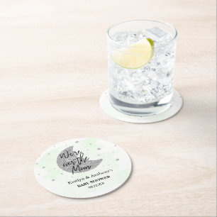 Over The Moon Neutral Baby Shower Round Paper Coaster