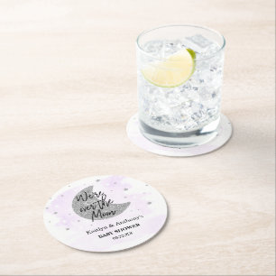 Over The Moon Neutral Baby Shower Round Paper Coaster