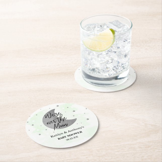 Over The Moon | Neutral Baby Shower Round Paper Coaster (Insitu)