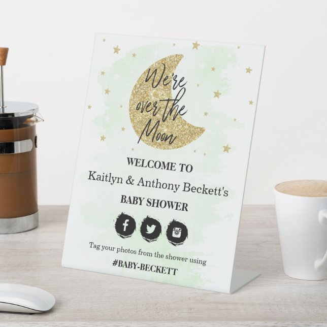 Over The Moon | Neutral Baby Shower Welcome Pedestal Sign (In SItu)